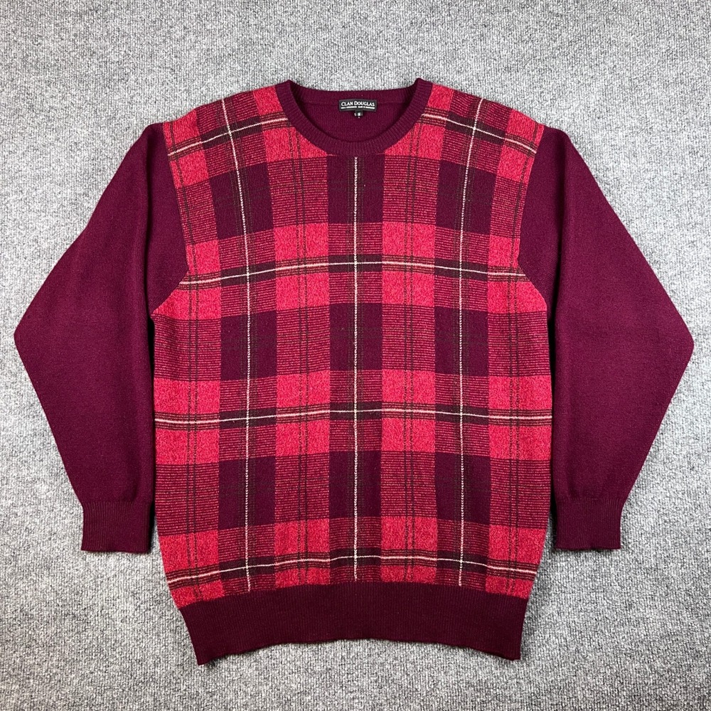Clan Douglas Sweater Mens M Red 100% Cashmere Tartan Plaid Made in Scotland